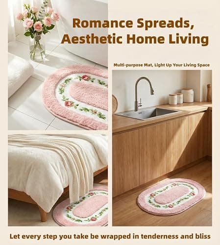 QMEAKMONY Bathroom Rugs Romantic Rose Flower Shaggy Area Rugs for Living Room Bedroom Kitchen Non Slip Absorbent Bath Mat Door Mat Washable(Pink,16x24 in) thumbnail 7