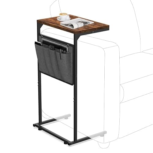 Vantic C Shaped End Table, Small Side Table for Couch | Chair Side Table for Recliner, Slide Under Sofa Tray Desk with Storage Bag for Living Room and Bedroom, Rustic Brown - Image 1