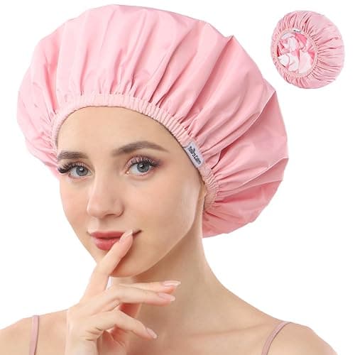 Years Calm Shower Caps For Women Reusable Waterproof，Pattern And Solid Color Dual-Layer Design For Dual-Layer Usable，Protects Hair In Shower, Spa, Cooking, Clean & Travel (Pink, One Size) - Image 1