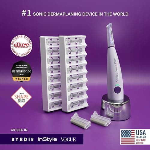 Michael Todd Beauty Sonicsmooth Pro+ Dermaplane Razor for Women Face + Eyebrow trimmer Dermaplaning System w/LED Light Peach Fuzz Remover -16 Dermaplaning Blades & 2 Microsmooth Exfoliation Tips thumbnail 2