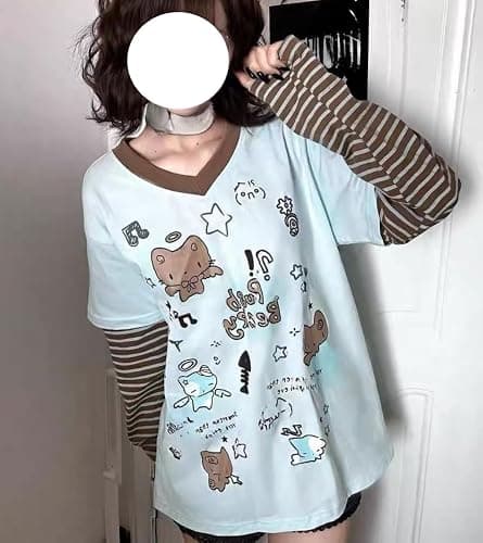 Y2k Fake 2 Piece Cute Shirts Women Kawaii Cutecore Graphic Long Sleeve Top Teen Girls 2000s Preppy Aesthetic Clothing thumbnail 4