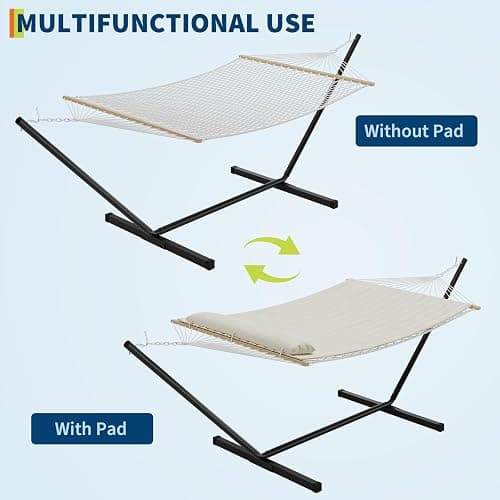 Sunvasagoo Hammock with Stand for Outside, 2-Person Outdoor Portable Hammock, 475lb Capacity + Breathable Cotton Rope & Quilted Pad, for Outside Garden Yard thumbnail 4