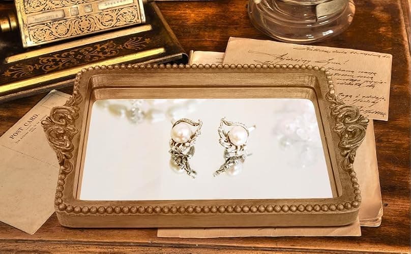 Hanna Roberts Vintage Gold Tray with Mirror Glass Base | Card Holder for Guests During Occasions and Events or Decorative Home and Vanity Organizer (Gold) thumbnail 8