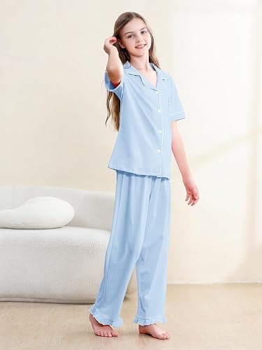 QZH.DUAO 3 Piece Girls Pajama Sets 100% Cotton Ruffle Long Pants with Shorts Sleepwear 3pcs Button Down PJs 5-14 Years thumbnail 6