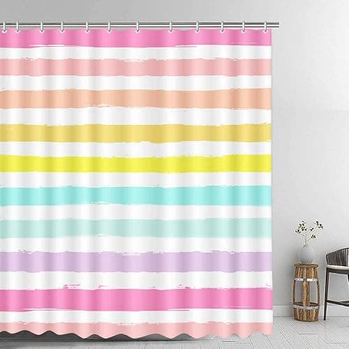 AIBIIN Rainbow Stripes Shower Curtain for Bathroom Decorations with 12 Plastic Hooks Color Horizontal Stripe Bathtub Decor Polyester Fabric Shower Curtains Set 72x72in thumbnail 4