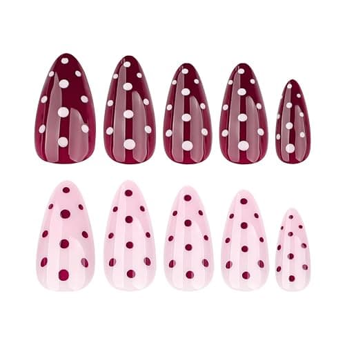 Cute Polka Dot Press on Nails Almond Medium Pink Red Fake Nails with Designs Gel Artificial Nails Press Ons Gel Acrylic Glue on Nails Medium Length Full Cover Stick on Nails for Women 24Pcs thumbnail 2
