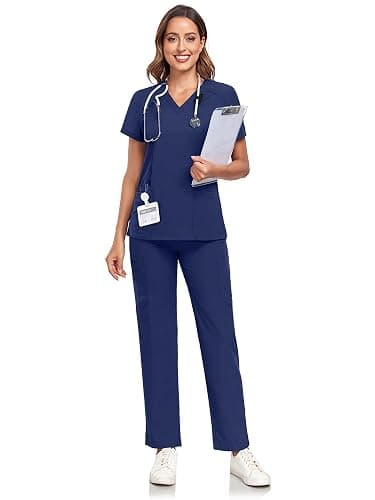 HSDORY Scrubs for Women Sets, Stretch V-Neck Scrub Top & Cargo Pants with Multi Pockets, Anti-Wrinkle - Image 1