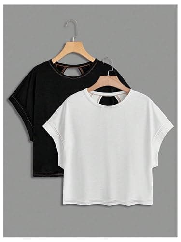 RoseSeek Women's 2 Packs Open Back Tops Criss Cross Cut Out Summer Casual T Shirt Crewneck Short Sleeve Backless Tee thumbnail 2