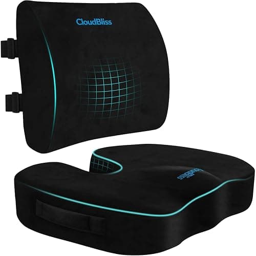 CloudBliss Ergonomic Seat Cushion & Lumbar Support Pillow Set, Black,Large | Back Pain & Sciatica Relief, Memory Foam Support, Adjustable Straps, Machine Washable Velvet, Perfect for Office, Car, Gaming - Image 1