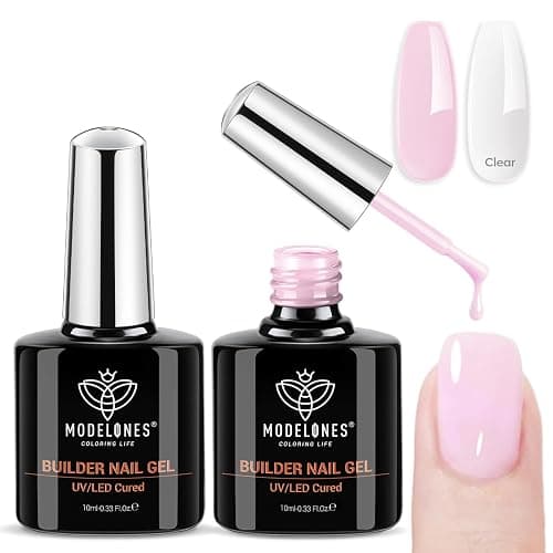 modelones Builder Nail Gel, 2 Pcs Clear and Baby Pink Builder Nail Polish, 8-in-One Rubber Base Gel Polish Pastel Pink Color Strengthener Apex Building Thickening Extension LED Lamp Cured 10ml | Nail Polish, 8-in-One Rubber Base Gel Polish Pastel Pink Color Strengthener Apex Building Extension LED Lamp Cured 10ml - Image 1
