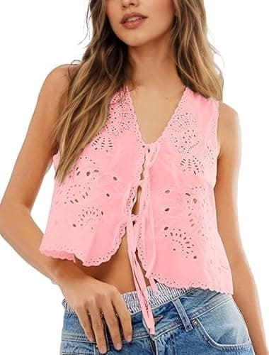 Peaceglad Womens Vest Top Trendy Floral Embroidered Eyelet Tie Front Tops Fashion Crochet Lace Hollow Out Vests - Image 1
