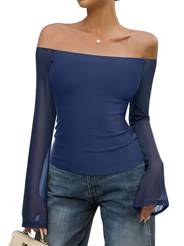 REORIA Off The Shoulder Tops for Women Tube Double Lined Mesh Going Out Shirts 2025 Fall Fashion Trendy Tops - Image 1