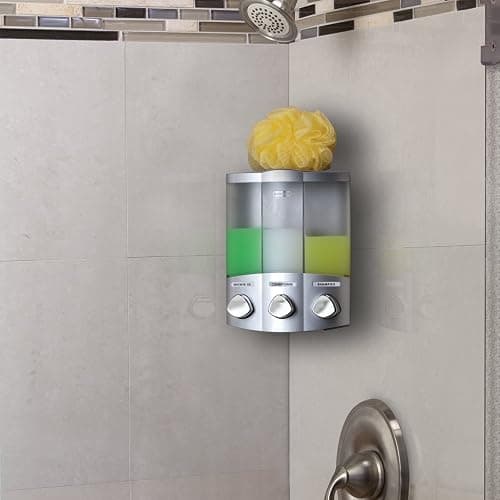 Better Living Products 76334-1, 3-Chamber, Satin Silver | 3 Chamber, No Drill, Corner or Flat Wall Installation, Shampoo, Conditioner and Body Wash Dispenser thumbnail 2
