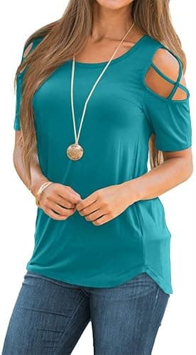 NILOUFO Womens Summer T Shirts Short Sleeve Tunic Strappy Cold Shoulder Tops - 02-acid Blue - Large - Image 1
