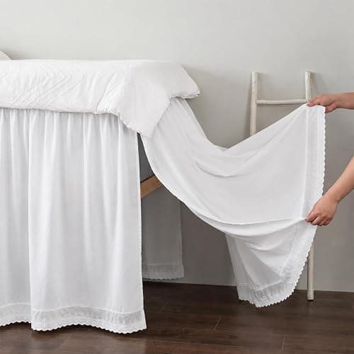 Hahafelt Twin XL Dorm Bed Skirt, 32 Inch Drop White Ruffled Bed Skirt with Scalloped Lace Trim, Wrap Around Adjustable Dust Ruffle with Split Corners, College Dorm Room Decor thumbnail 5