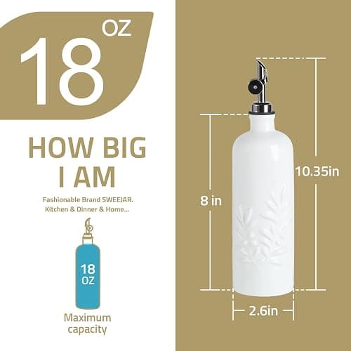 Sweejar 18 Oz Oil Dispenser for Kitchen with Gravity Spout, Ceramic Olive Oil Dispenser Bottle, Relief Opaque Vinegar Container for Evoo, Vinegar, Soy Sauce, Pack of 1(White, Silver Spout) thumbnail 3