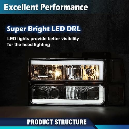 PIT66 LED DRL Headlight Assembly, Compatible with 1994-1998 Chevy C10 C/K 1500 2500 3500 Fit 94-99 Chevy Tahoe Suburban w/Turn Signal Lamps Bumper Lights Corner Lamps Clear Lens Chrome Housing thumbnail 3