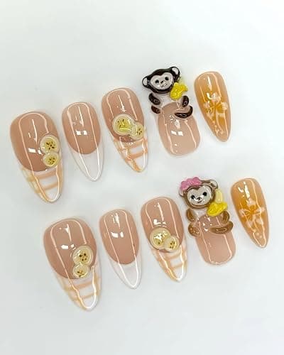Handmade Monkey and Banana Press On Nail Art Set with Cute 3D Cartoon Designs thumbnail 3