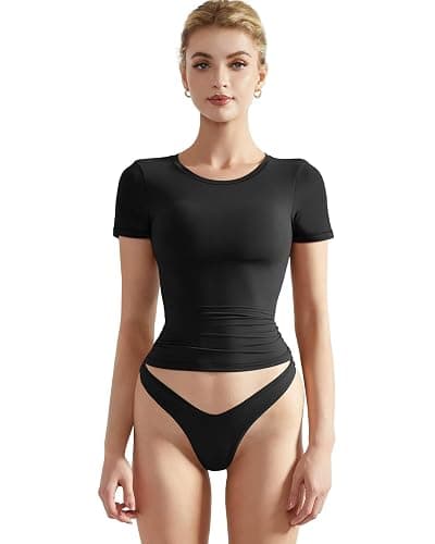 SUUKSESS Women Double Lined Fitted Basic Tee Crew Neck Short Sleeve Y2K Crop Top - Image 1