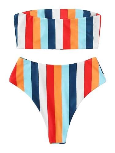 SweatyRocks Women's Bathing Suits Striped Bandeau Bikini high Waisted Swimsuits Swimwear Set thumbnail 3