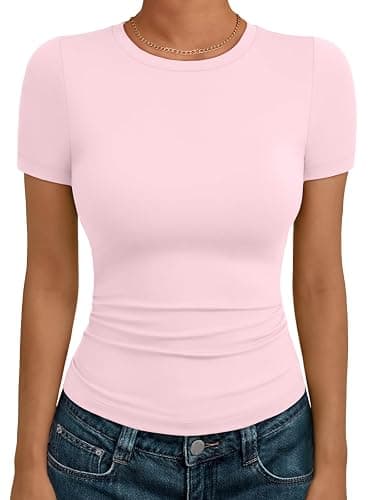 AUTOMET Women's Crew Neck Short Sleeve Summer Basic T-Shirt Stretchy Tight Fitted Soft Going Out Workout Gym Tops - Image 1