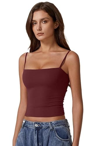 QINSEN Women's Double Lined Basic Tank Top Adjustable Spaghetti Straps Sleeveless Camisole Shirts thumbnail 5