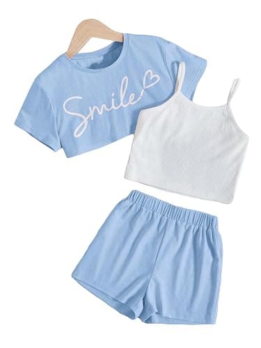 OYOANGLE Girl's 3 Pieces Summer Outfits Graphic Print Crop Tee Top and Cami Top with Shorts Set thumbnail 6