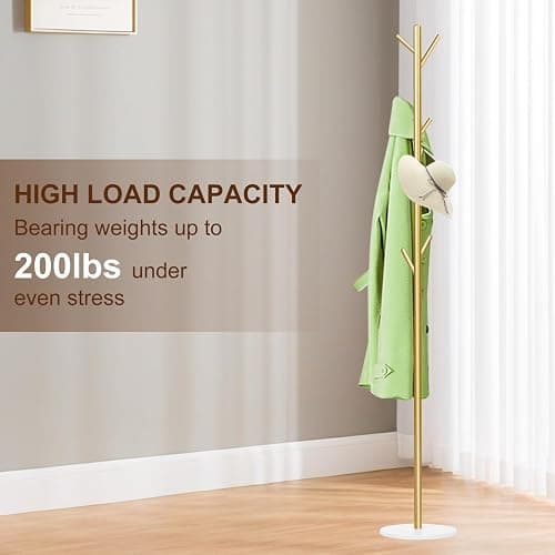 Wtiujhg Coat Rack, Metal Freestanding Coat Rack with 8 Hooks, Sturdy Coat Tree with Natural Marble Base for Coats, Hats, Scarves and Handbags for Entryway, Hallway, Bedroom, Office,Dorm (Gold) thumbnail 7