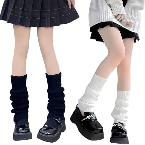 BENIFILE 2 Pairs White Black Leg Warmers 80s Y2k Ribbed Knit Legwarmers for Women Girls Ladies Leg Warmer UK Womens Fashion Ankle Warmers for Ballet Yoga Dance Ice Skating - Image 1