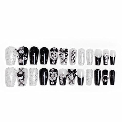BABALAL Black Press on False Nails Medium Coffin Fake Nails Goth French Tip Glue ons Acrylic Nails Cute Bow Anime Heart Charm Design 24Pcs kawaii Luxury Bling Ballerina Manicure DIY thumbnail 4