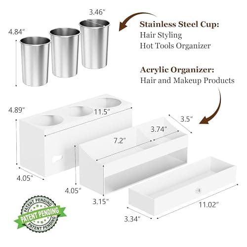 GFWARE Acrylic Hair Dryer Holder with Drawer, Bathroom Organizer Countertop Drawers with 3 Stainless Cups, Makeup Vanity Accessories, Hair Hot Tools Organizer, Toiletry, White thumbnail 3