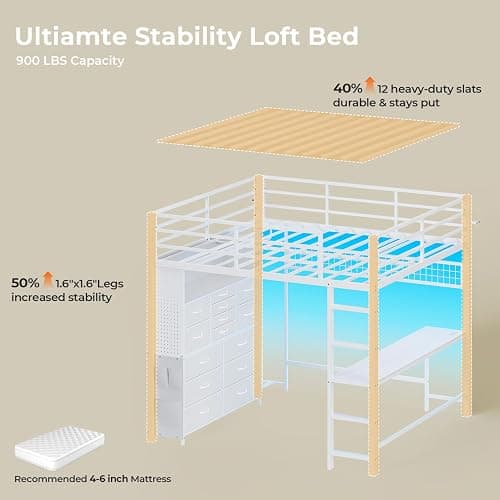 ADORNEVE Full Size Loft Bed with Desk,14 Storage Drawers & Power Outlet, Full Loft Beds with LED Lights, Pegboard, Metal Loft Bed with Safety Guardrail & Ladder, Space Saving for Teens, White thumbnail 7