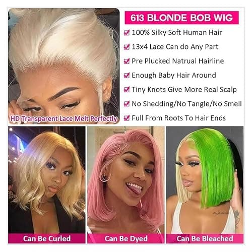 10 pouces 613 Blonde Short Bob Wig Cheveux Humains Straight Lace Front Perruque 180 Densité 13x4 HD Lace Front Perruque Bob Wig Pré - épelé des Cheveux de bébé pour Les Femmes thumbnail 8