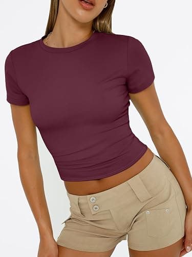 Trendy Queen Womens Short Sleeve T Shirts Summer Crop Tops Basic Slim Fit Gym Workout Y2k Clothes thumbnail 3