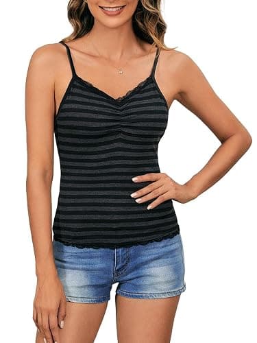 SOLY HUX Women's Striped Lace Trim Camisole Tops Y2k Grunge Alt Tank Top | Sleeveless, V Neck, Slim Fitted, Gothic Style, 2000s thumbnail 2