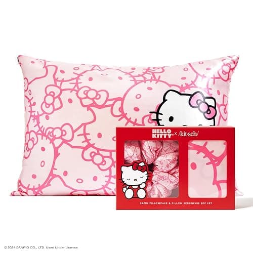Kitsch Hello Kitty Satin Pillowcase, Softer Than Silk for Hair & Skin, Machine Washable, Wrinkle-Free, Standard Size, and Satin Scrunchies No Damage Hair Ties Pink Kitty Faces, 2 Piece Set - Pink Kitty Faces - Image 1