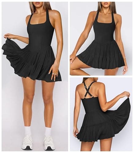 Hragc Women's Tennis Flowy Pleated Ruffle Athletic Dress for Women Halter Neck Sleeveless Mini Golf Dress with Shorts Pocket thumbnail 3
