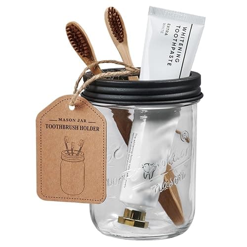 Amolliar Mason Jar Bathroom Accessories Set 4 Pcs -Lotion Soap Dispenser & 2 Cotton Swab Holders & Toothbrush Holder - Rustic Farmhouse Decor, Bathroom Home Decor, Perfect Decorating Idea (Black) thumbnail 6