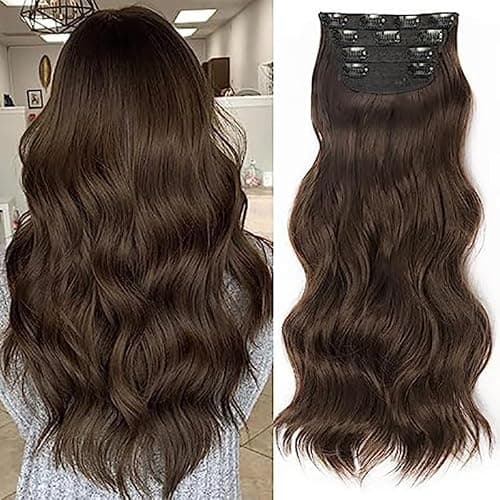 45cm Long Wavy Dark Brown Hair Extensions, 4PCS Clip in Synthetic Hairpieces for Women, Thick Natural Soft Curly Waves, Full Head Set, Ideal for Fashionable Women (Dark brown) - Image 1