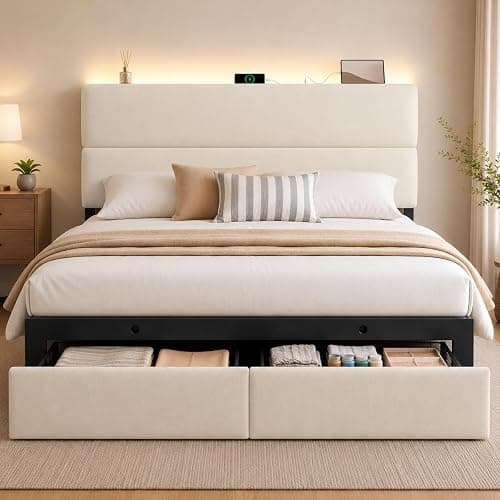 UHTN Queen Bed Frame with 2 Storage Drawers, Beige Velvet Upholstered | Platform Bed with Charging Ledge, LED Headboard Lighting, Metal Support, Noise Free, No Box Spring Needed, Easy Assembly - Image 1
