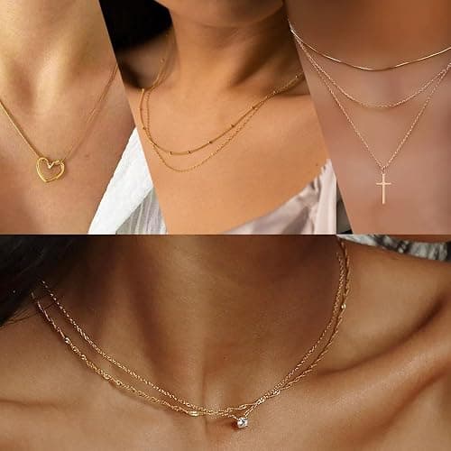 Myofeng 16Pcs Gold Necklaces Set for Women 14k Gold Plated Dainty Trendy Pendant Chain Choker Pack Multilayer Necklace Set for Women Adjustable Jewelry Gift - golden thumbnail 3