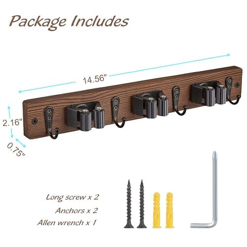 OUTNILI Mop Broom Holder Wall Mount with 3 Slots & 4 Hooks - Wood Broom Mop Hanger for Pantry Kitchen Organization - Garden Tool Organizer for Closet Laundry Room - for Rustic Farmhouse Kitchen Decor thumbnail 3