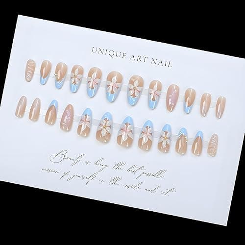 LPOODDNU Almond Flower Pearl Press on Nails - Medium 3D Fake Nails with French Tip Designs, Glossy Finished Reusable False Nails with Double Adhesive Glue Tabs - 24Pcs Nail Kit for Women Manicure thumbnail 4