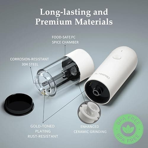Electric Salt and Pepper Grinder Set with USB Rechargeable, Automatic One Hand Operation with Adjustable Coarseness, Pepper Mill Grinder Refillable with LED Light (2 Packs, Black&White) thumbnail 3