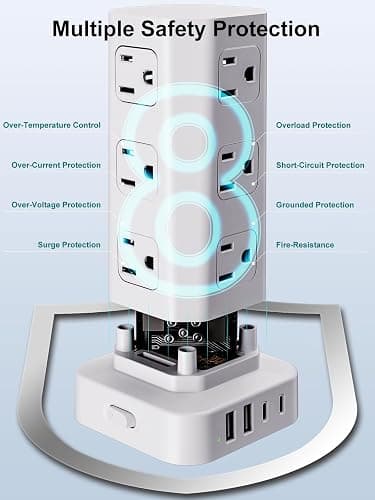 Power Strip Tower Surge Protector, 6FT Flat Plug Extension Cord with Multiple Outlets, 12 AC Outlets 4 USB (2 USB C), Desktop Charging Station with Surge Protection for Home Office Dorm Room, White thumbnail 6