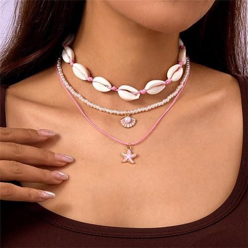 Shell Beach Choker Necklace Set for Women Boho Layered Beaded Adjustable Starfish Conch Shell Nacklace Imitaion Pearl Rice Beads Necklace Summer Ocean Vacation Jewelry thumbnail 2