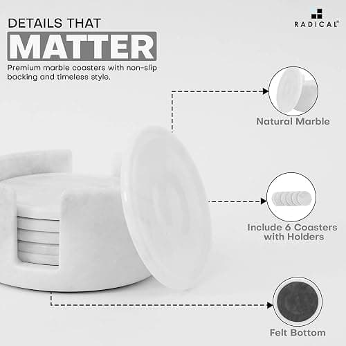 Radicaln White Marble Coasters Set of 6 Handmade 3.5" Inch Round Coasters for Drinks, Elegant Coaster Set with Holder for Dining and Coffee Table thumbnail 5
