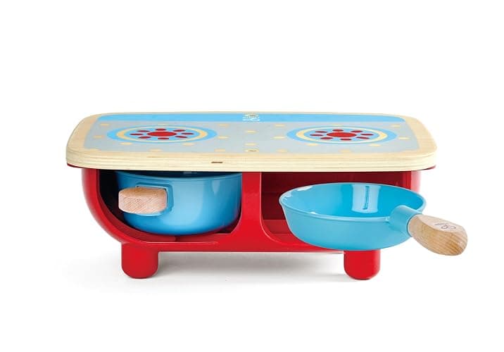 Hape Toddler Kitchen Set | Wooden 6 Piece Cooking Set, Pretend Kitchen Playset with Toy Stove, Frying Pan, Spoon, Spatula thumbnail 6