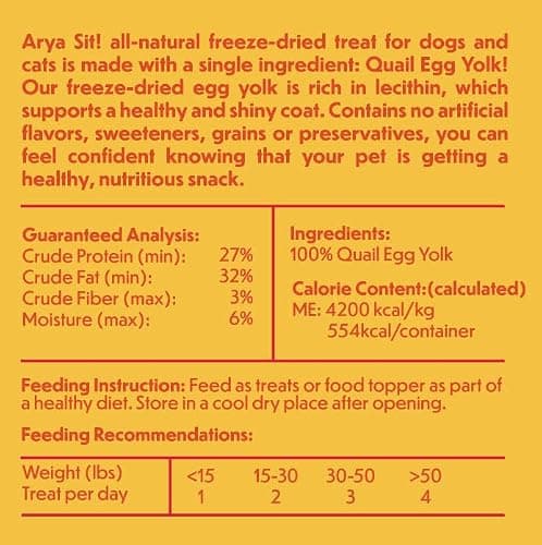 Arya Sit! - Freeze-Dried Single Ingredient Treat (Quail Egg Yolk) for Dogs and Cats - High Protein · Rich in Lecithin for Healthy Coat · No Artificial Ingredients · 4 oz/8 oz thumbnail 5