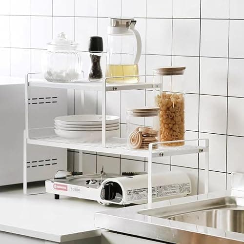 Homgertu 13"-24" L Expandable Cabinet Shelf Rack Set of 2, Stackable Kitchen Countertop Cupboard Organizers and Pantry Storage Shelves thumbnail 7